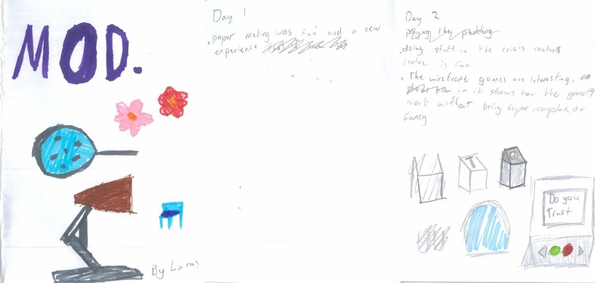 Three panels of a zine created by a student for their work experience at MOD. The panels contain hand drawn images of flowers, a chair, an optical illusion, and a gaming console. There is also written description of the activities undertaken by the student.