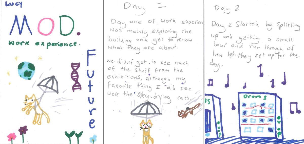 Three panels of a zine created by a student for their work experience at MOD. The panels contain hand drawn images of the earth, flowers, a DNA spiral, an animal in a parachute, and a structure that is playing music. There is also written description of the activities undertaken by the student.