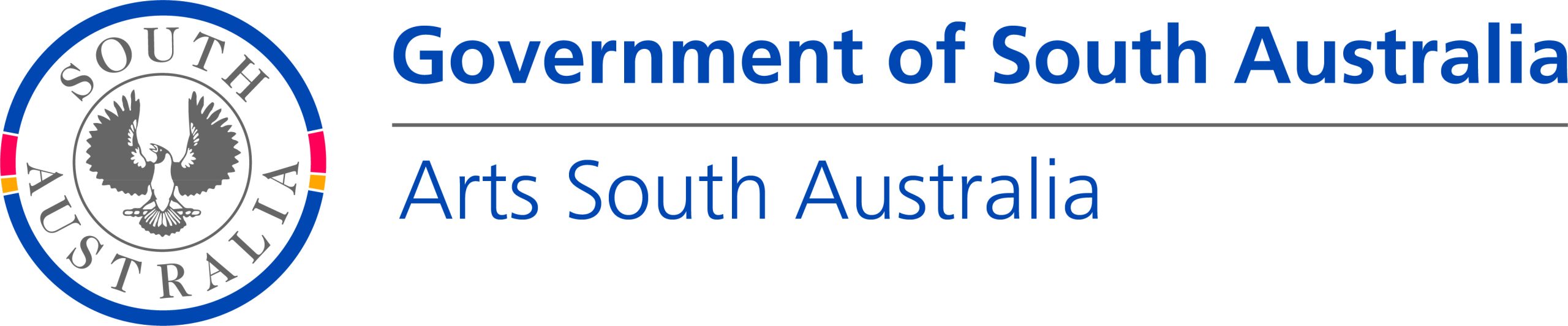 Government of South Australia logo for Arts South Australia - blue text on the right of a round crest with a graphic of a piping shriek in the centre