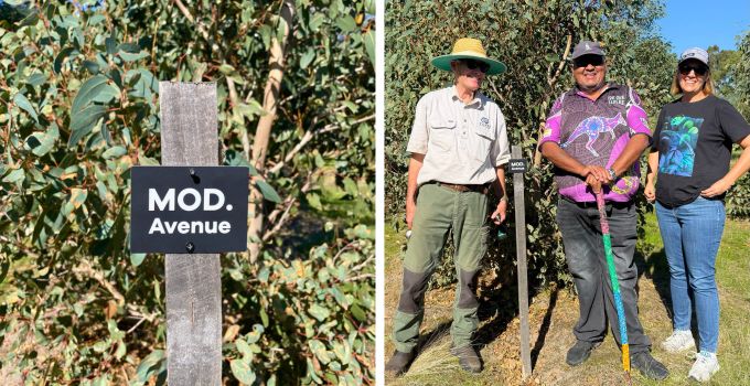 Two images side by side, separated by a white line. On the left is an image of a small sign that reads "MOD. Avenue", attached to a post with trees in the background. On the right is an image of three people standing around the sign and smiling.