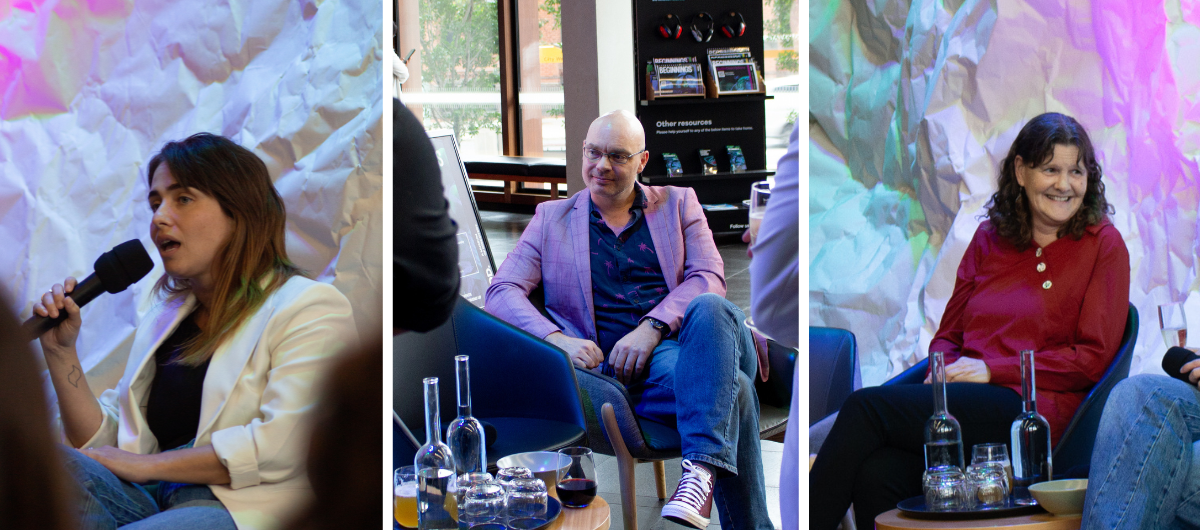 A panel of three images, the first being a person holding and speaking into a microphone, they are wearing a white jacket and denim jeans. The second image is a person sitting on a chair with a leg crossed over the other, they are looking to the side and wearing a purple patterned jacket. The final image is a person sitting and smiling, they are looking to their left at someone outside of the frame. They are wearing red top with three large buttons near the neckline.