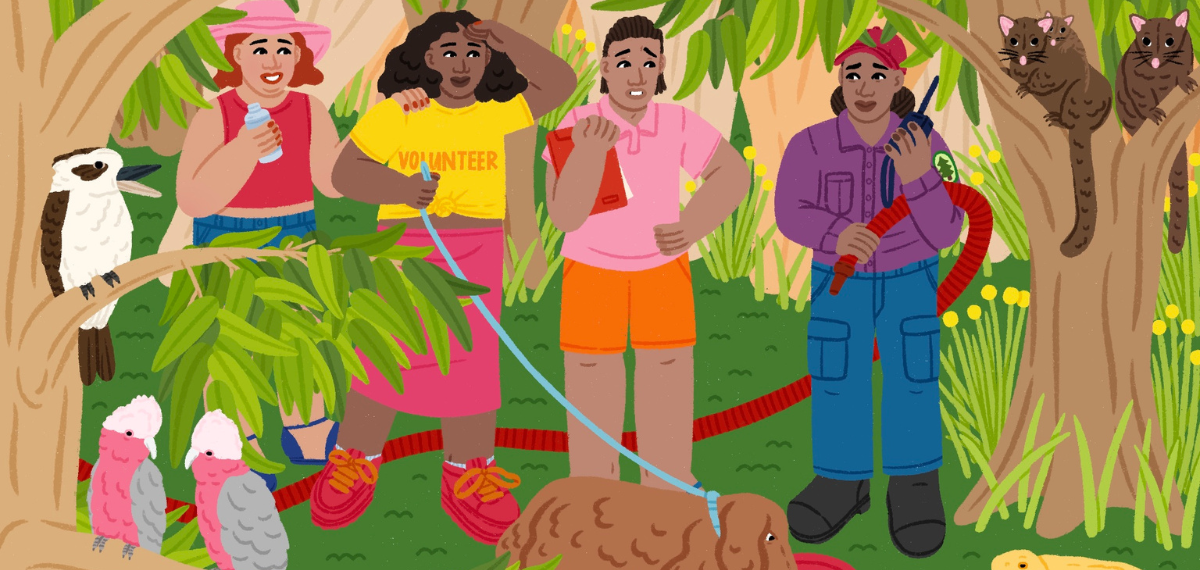 an illustration of 4 people in a national park with trees and native animals surrounding them.
