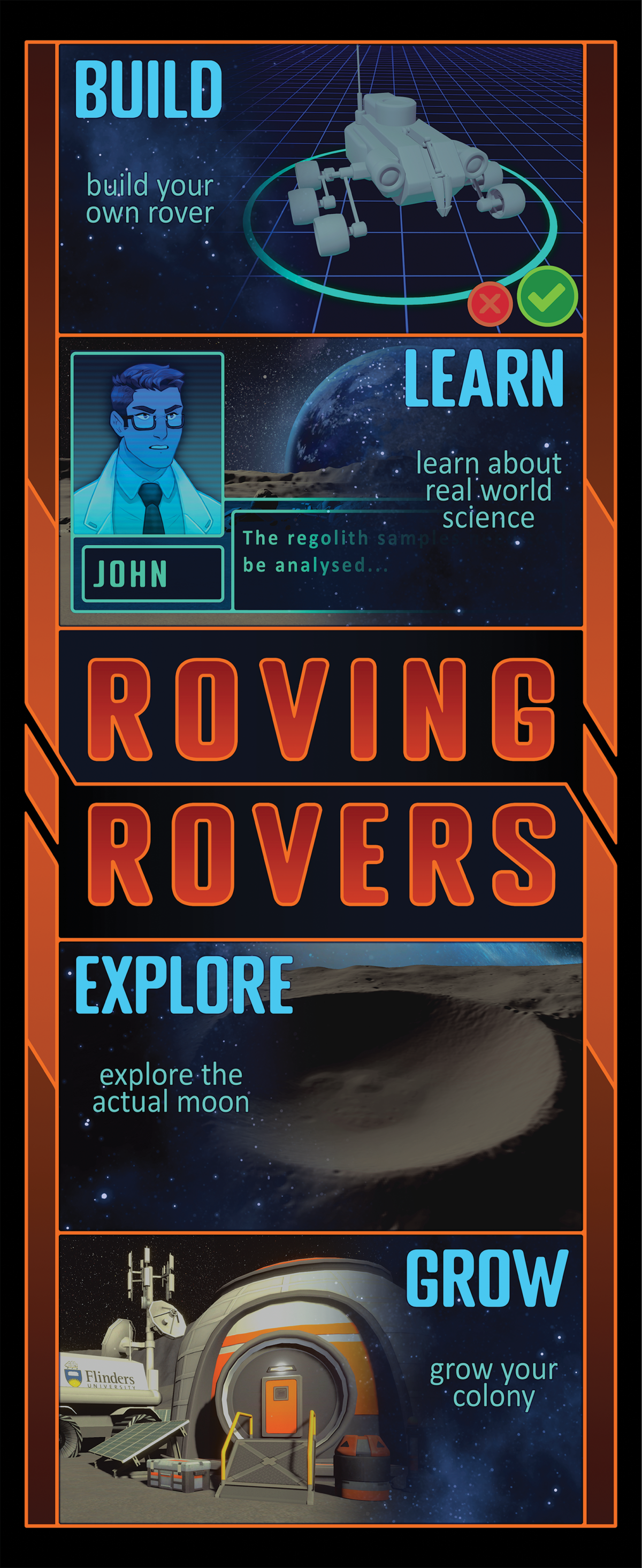 a strip with animated drawings of roving rovers figures including a space vehicle and scientist
