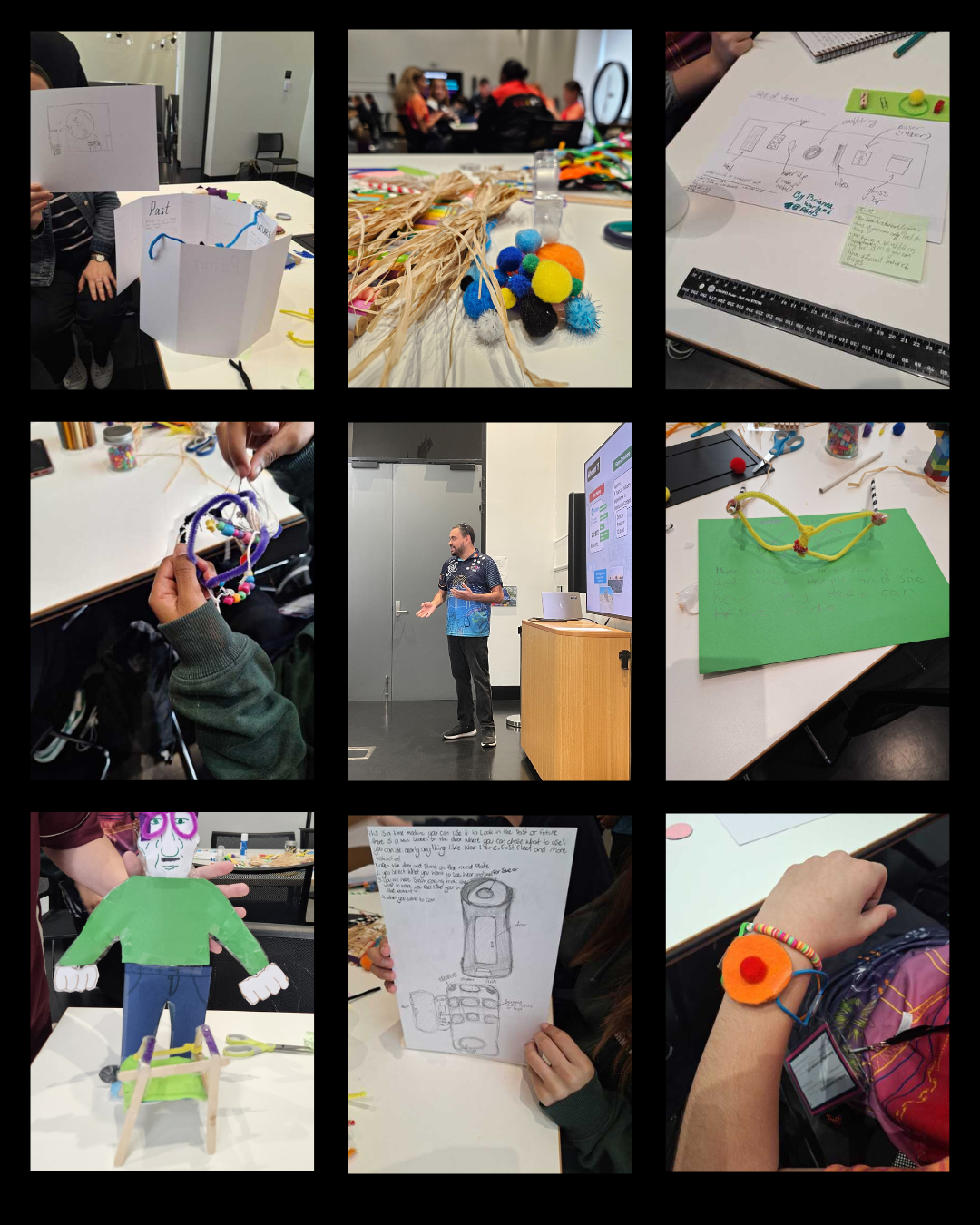 A 3 x 3 grid of images showcasing student exhibit ideas and a speaker leading a presentation