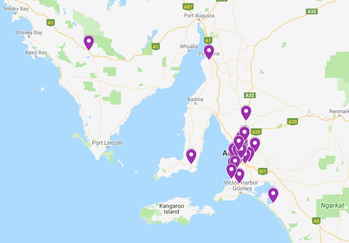 Map showing regional and metropolitan schools where people looking for inspiring things to do in Adelaide have come from