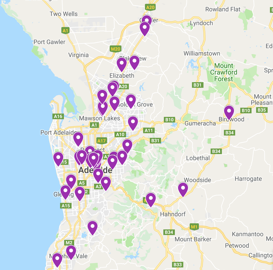 Map showing metropolitan school visits where people looking for inspiring things to do in Adelaide have come from