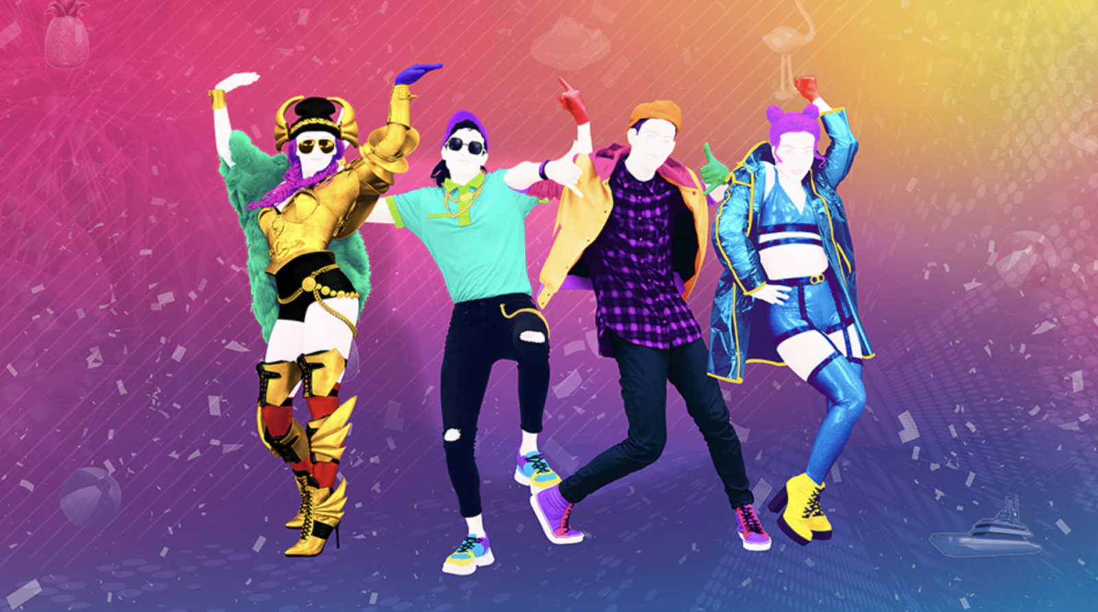 Four characters wearing wacky outfits stand in dance poses in front of a coloured gradient background.