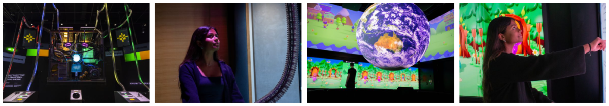 Four images: two are of the exhibits in BEGINNINGS, and two are of a person interacting with the exhibits.