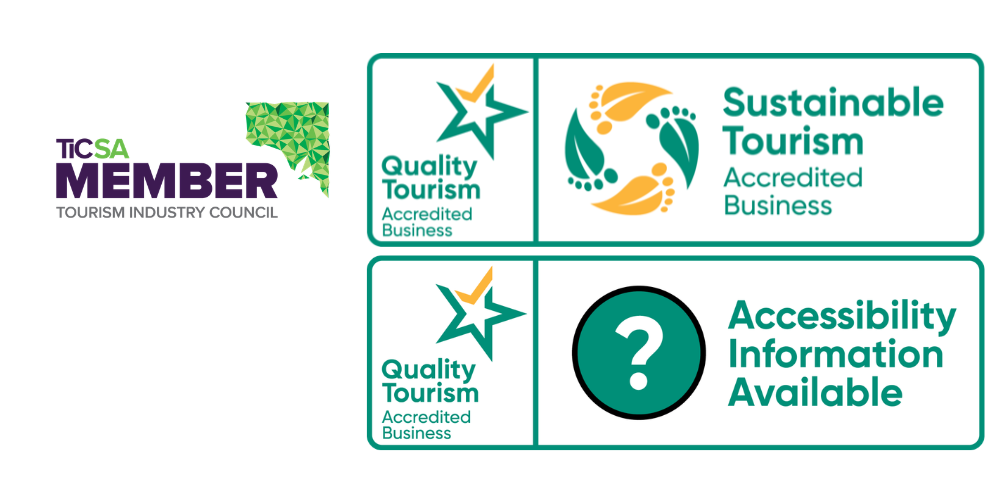 Three logo badges: 'Member of TICSA,' 'Sustainable Tourism Accredited Business,' 'Access Information Available.'