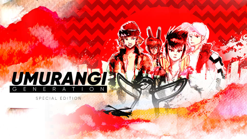 A red background with text reading UMURANGI GENERATION. Four characters on the right hand side.