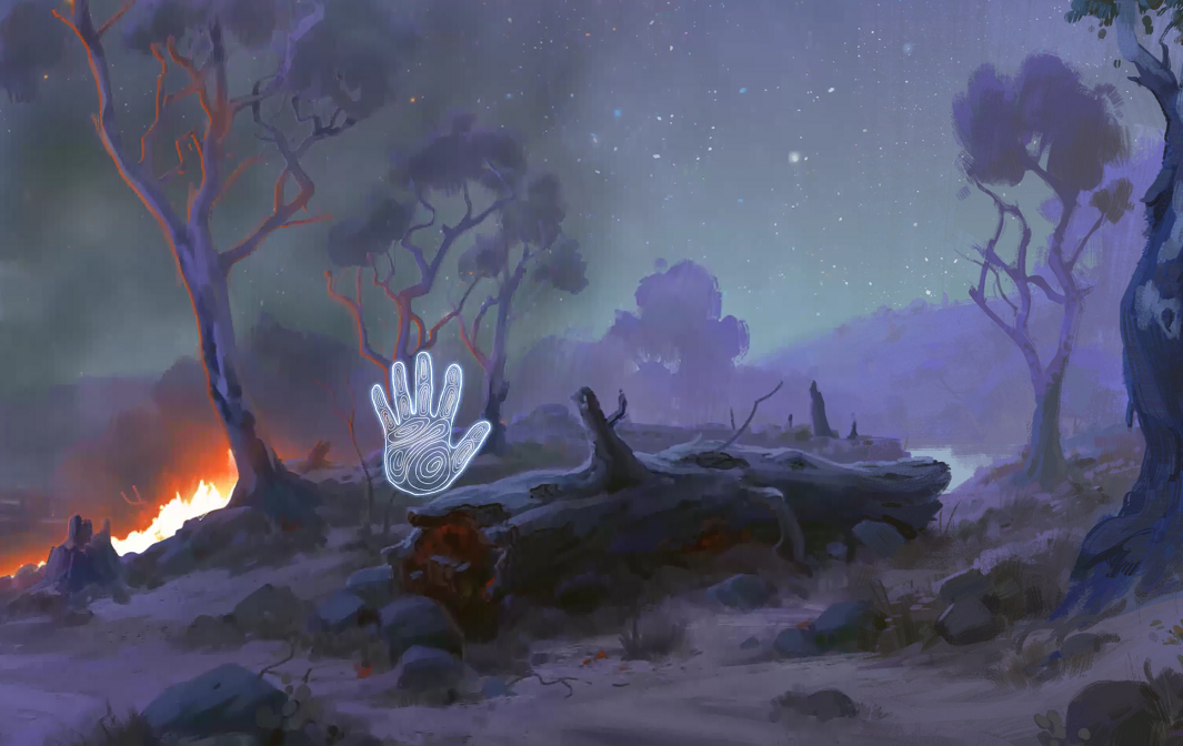 An animation of the Australian bush. A fire is burning beside a gum tree. There is smoke and the night sky is hazy and purple green. A white handprint floats on the centre of the image.