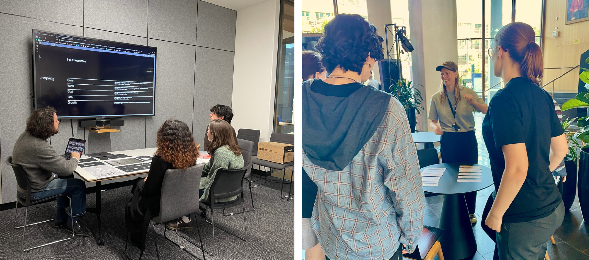 Image 1: People sitting around a table looking at a TV on the wall. Image 2: People gathered around a small table with one person presenting and smiling.