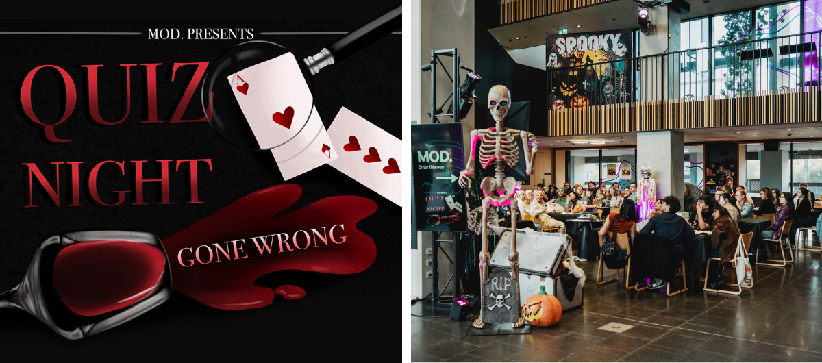 Image 1: A poster design of red text, that say Quiz Night Gone Wrong. Around the image is playing cards with a magnifying glass hovering over, further down is a spilt red wine glass. Image 2: A room of people sitting at tables. In the foreground is a giant skeleton, prop gravestones and pumpkin.