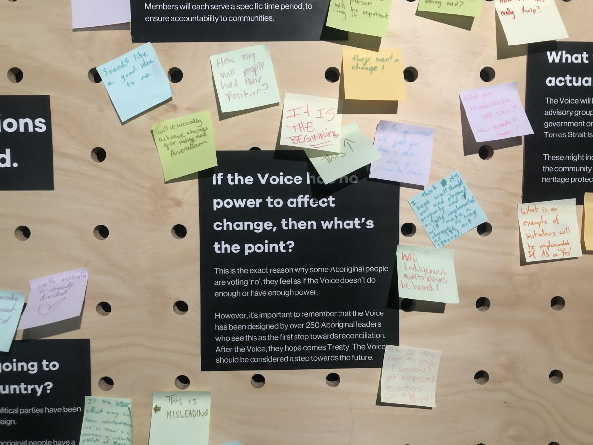 The question "If the Voice has no power to affect change, then what's the point?," is printed as a title with information answering the question below. Post-it notes of further thoughts surround the question, including arrows and exclamation marks of post-it notes interacting with each other.