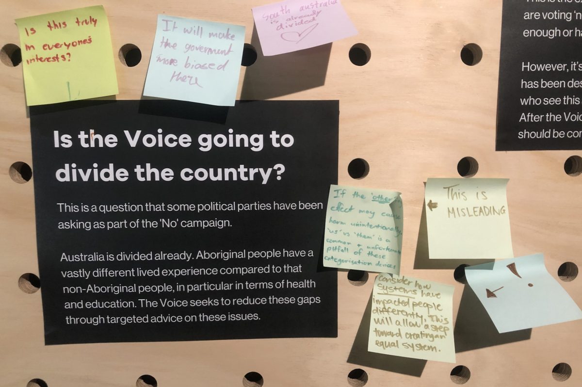 The question "Is the voice going to divide the country?," is printed as a title with information answering the question below. Post-it notes of further thoughts surround the question, including arrows and exclamation marks of post-it notes interacting with each other 