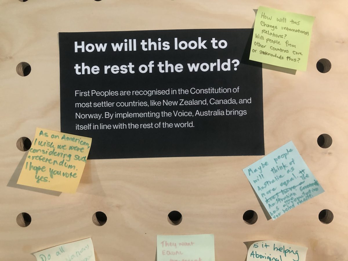 The question "How will this look to the rest of the world?," is printed as a title with information answering the question below. Post-it notes of further thoughts surround the question, including "wish we were considering such a referendum. I hope you vote yes.”