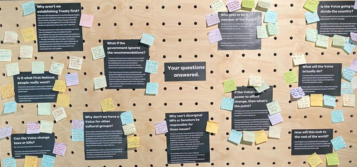 Peg board with a number of printed questions about the Voice surrounding the central title of "your questions answered."