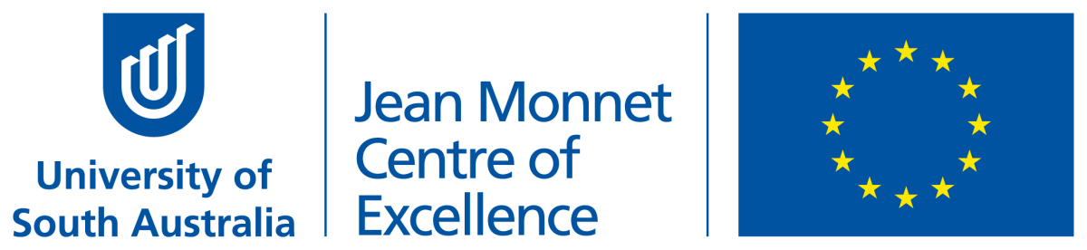 Logos of UniSA, Jean Monnet Centre of Excellence and EU ring of stars