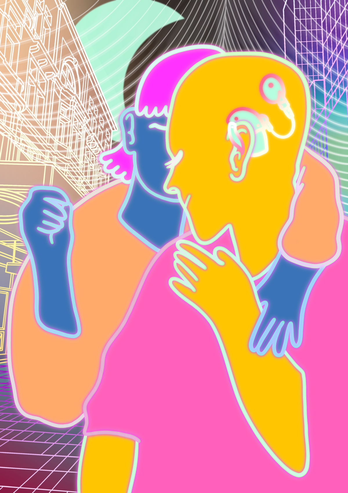 illustration in bright colours of a person embracing another from behind, the person in front has a hearing device