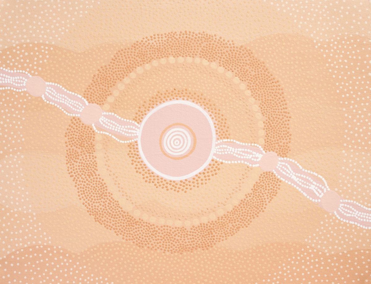 An acrylic artwork that consists of a soft, warm tan & creamy tonal background. A soft pink solid circle lays centre with two horizontal organic pink lines flowing out to the edges of the artwork. These solid pink lines are each overplayed with white dotted lines linked together with pink organic shaped dots. The pink circle is overplayed with 6 circular lines & is surrounded by numerous tan toned dots, forming different patterns in a growing circular motion.