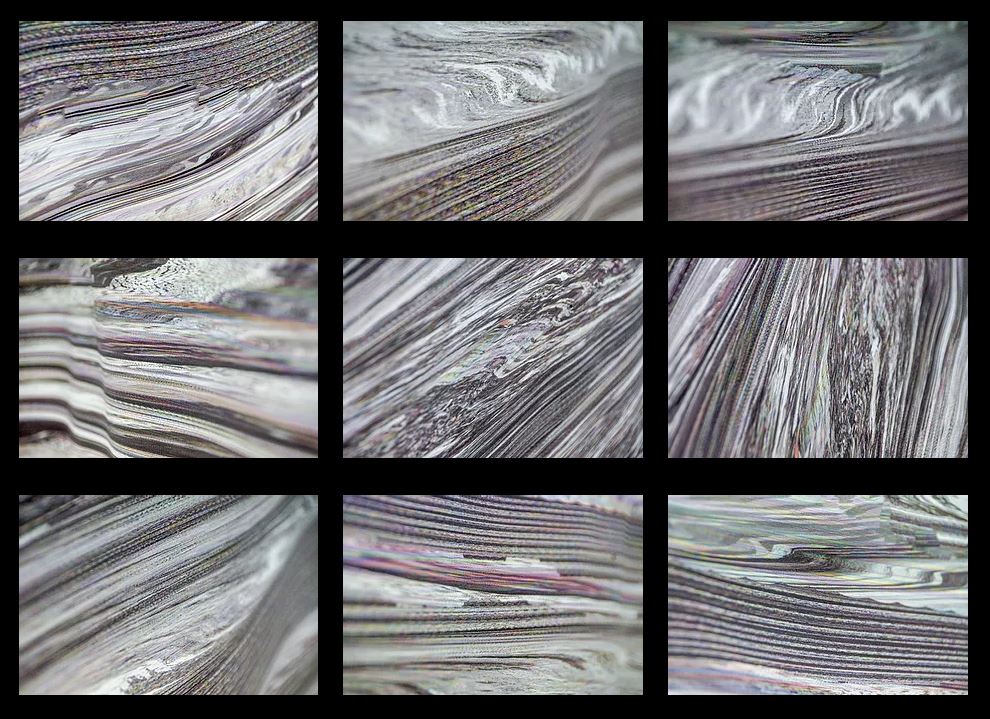 Thomas Folber glitch art. 9 images of black and white wave like patterns.