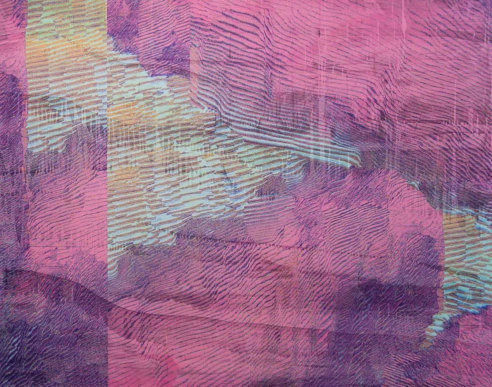Thomas Folber glitch art. Pink, blue, purple, pixelated and disjointed swirl.