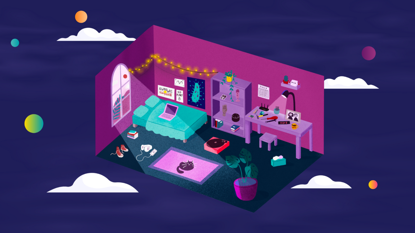 Bedroom floating on dark purple background. Bedroom has purple walls, a green bed, and some clutter - including a cat, tech gear, a bookshelf, and a plant.