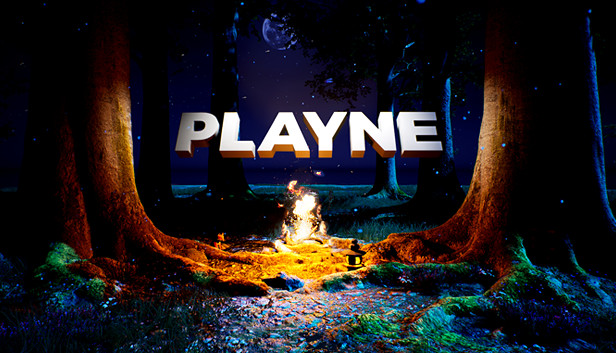 A camp fire between two trees. The word PLAYNE is in the middle.