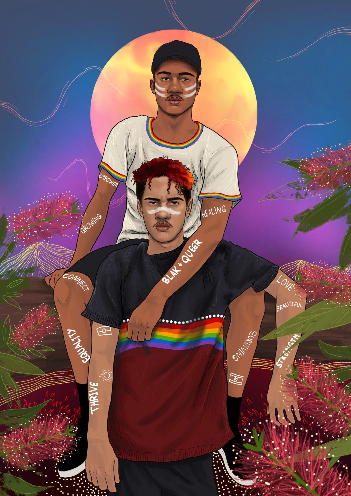 Two young First Nations LGTBQI+ men/people embracing against native flora and moon/sun. They have words on their skin 'blak + queer', 'healing', 'equality', 'thrive' 