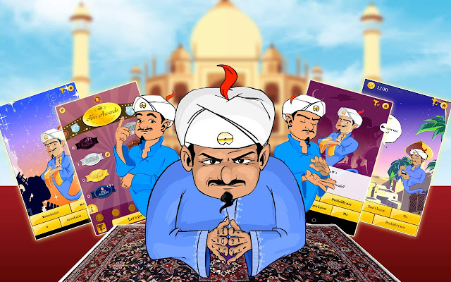 A stereotypical genie in a blue robe and a white turban is in the centre, frowning at you and rubbing their hands together. Behind them are a deck of cards, each with the genie on them. 